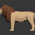 Low Poly 3D Lion Sculpture With Brown Mane Beige Body Standing Reflection Design