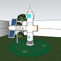 Creative Photo Check-in Spot Featuring White Space Capsule Solar Panels Green Lawn and Hedge