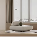 Beige Curtains And Window Blinds In Modern Living Room With White Round Sofa