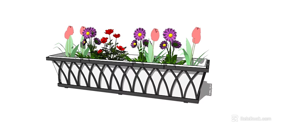 Ornamental Metal Long Rectangular Flower Planter With Pink Tulips Purple Daisies And Red Flowers 3d model 