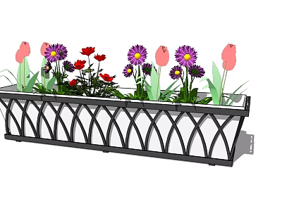 Ornamental Metal Long Rectangular Flower Planter With Pink Tulips Purple Daisies And Red Flowers 3d model