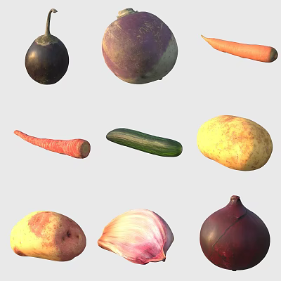 Different Types of Fresh Vegetables Including Carrots Cucumber Potatoes and Onions 3d model