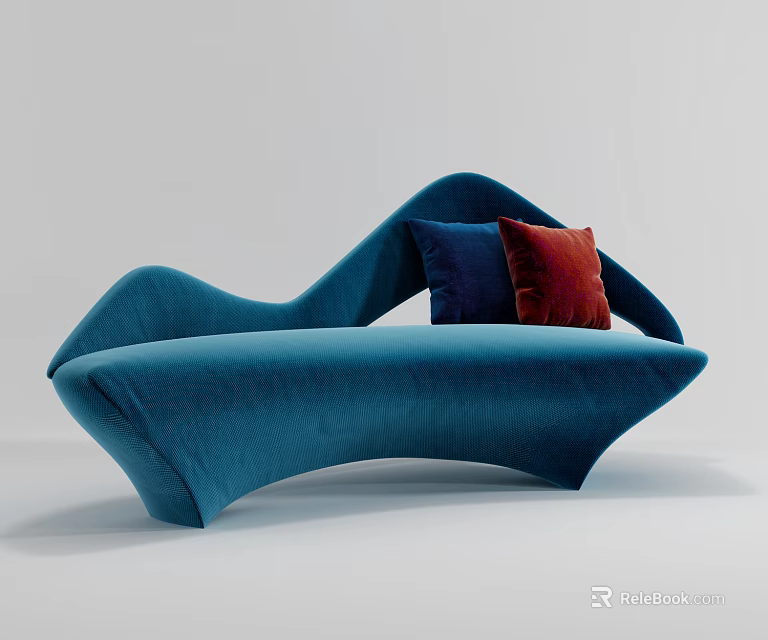 Blue Curved Shape Sofa with Blue and Red Pillows Modern Design 3d model