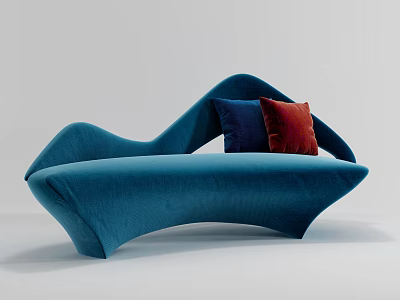Blue Curved Shape Sofa with Blue and Red Pillows Modern Design 3d model