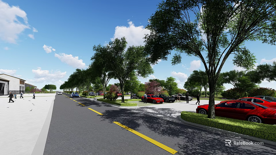 Tree Lined Urban Road With Yellow Divider Parked Cars And Green Lawns Under Blue Sky 3d model 