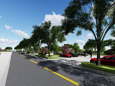 Tree Lined Urban Road With Yellow Divider Parked Cars And Green Lawns Under Blue Sky 3d model