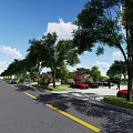 Tree Lined Urban Road With Yellow Divider Parked Cars And Green Lawns Under Blue Sky
