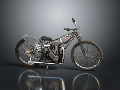 Vintage Motorcycle With Silver Body Black Seat Spoked Wheels And Metallic Finish On Reflective Surface 3d model