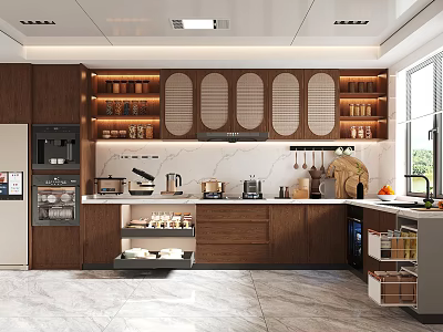 Spacious Modern Kitchen Interior With Wooden Upper Cabinets Marble Countertops And Appliances 3d model