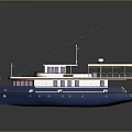 Blue Luxury Yacht With Upper Deck White Canopy Windows And Railings