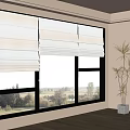 Light Colored Roller Blinds On Window With Natural Landscape View Indoor Plant And Wooden Floor