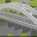 White Steel Arch Railway Bridge Over River With Green Vegetation And Trees