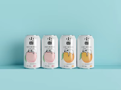Four Xiaomeng Beverage Cans with Peach and Mango Flavors on Light Blue Background 3d model