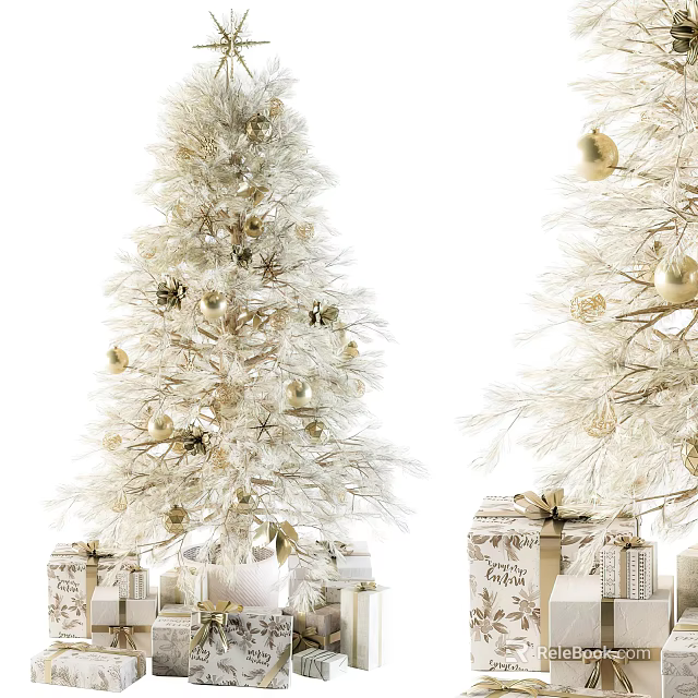 Festive White Decorated Tree With Gold Ornaments And Wrapped Gifts Around 3d model 