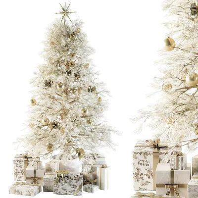Festive White Decorated Tree With Gold Ornaments And Wrapped Gifts Around 3d model