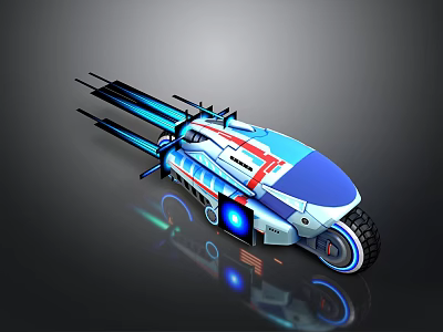 Futuristic Sci Fi Vehicle With Blue White Red Streamlined Design And Glowing Engine 3d model