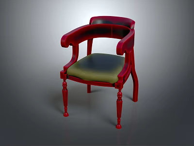 Elegant Red Wooden Accent Chair With Curved Armrests And Green Upholstered Seat 3d model