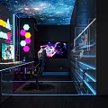 Futuristic Esports Room Featuring Starry Ceiling Neon Lighting Gaming Chair And Display Shelves