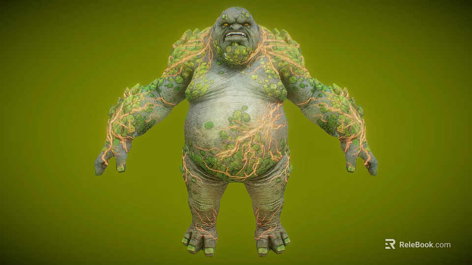 Game Movie Character Large Body Covered With Tree Roots And Moss On Green Background 3d model 