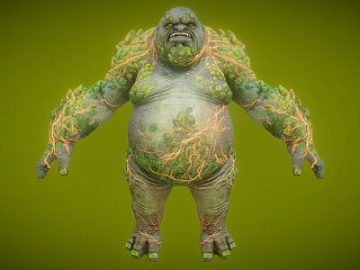 Game Movie Character Large Body Covered With Tree Roots And Moss On Green Background 3d model