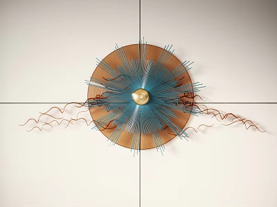 Circular Wall Decor with Golden Center and Radiant Blue Brown Wavy Lines on White Wall 3d model