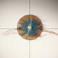 Circular Wall Decor with Golden Center and Radiant Blue Brown Wavy Lines on White Wall
