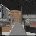Modern Restaurant Interior With Black Ceiling Large Windows Brown Seats And Green Plants
