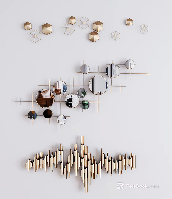 Modern Geometric Wall Decor With Circular Mirrors And Metal Frames For Interior Space 3d model 