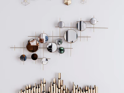 Modern Geometric Wall Decor With Circular Mirrors And Metal Frames For Interior Space 3d model