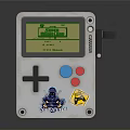 White Handheld Game Console With Green Screen Cross Directional Pad Blue Red Buttons And Stickers