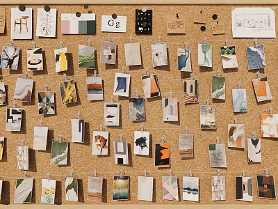 Photo Wall With Corkboard Display Pinned Various Cards Photos And Decorative Designs 3d model