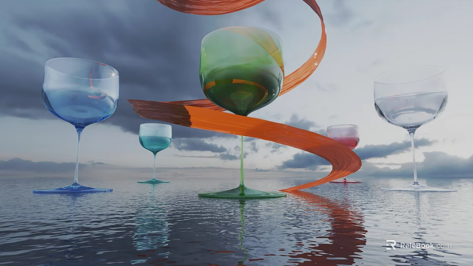 Colorful Decorative Wine Glasses With Orange Ribbon And Water Reflection 3d model 