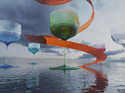 Colorful Decorative Wine Glasses With Orange Ribbon And Water Reflection 3d model