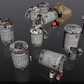 Everyday Household Items Including Rusty Trash Cans Tipped Over With Garbage Cardboard Boxes And Cans