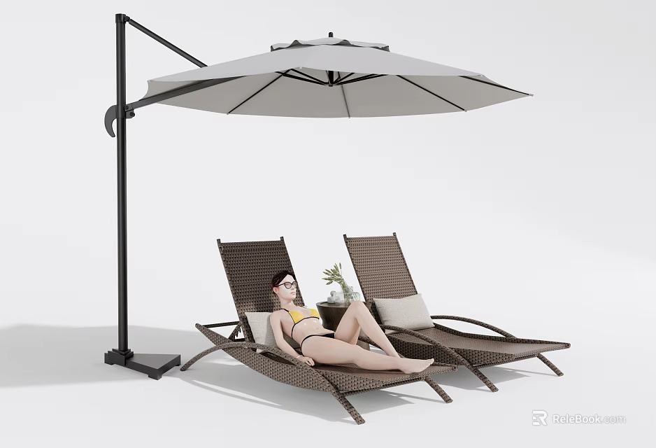 Outdoor Wicker Lounge Chairs With Adjustable Outdoor Umbrella And Potted Plant For Relaxing 3d model 
