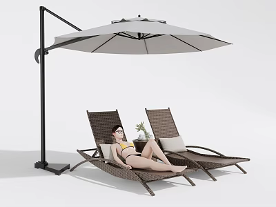 Outdoor Wicker Lounge Chairs With Adjustable Outdoor Umbrella And Potted Plant For Relaxing 3d model