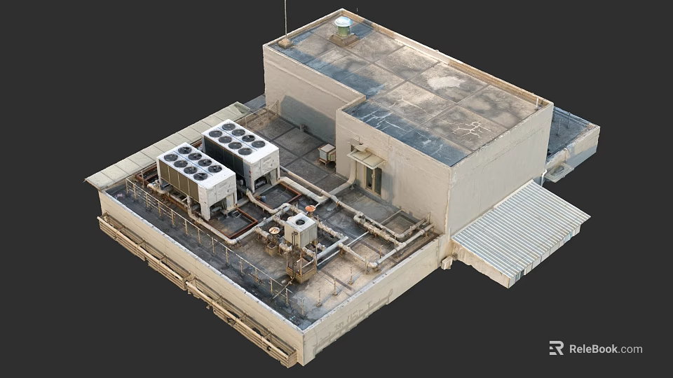 Air Conditioning Fan Equipment Setup On Building Roof With Pipes And Cooling Units 3d model 