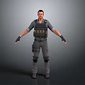 Game Movie Character in Tactical Vest and Gray Combat Uniform with Protective Gear and Military Style