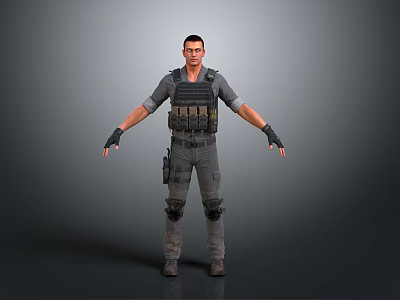 Game Movie Character in Tactical Vest and Gray Combat Uniform with Protective Gear and Military Style 3d model