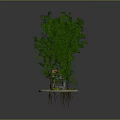 Cartoon Scene With Floating Platform Green Trees Small House And Hanging Roots