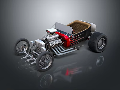 Vintage Hot Rod Car Featuring Exposed Engine Red Black Body And Brown Seat 3d model