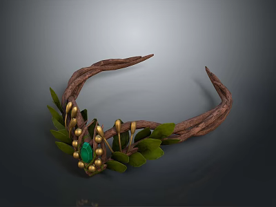 Elegant Branch Shaped Headpiece with Green Gemstone Golden Ornaments and Green Leaves 3d model