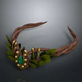 Elegant Branch Shaped Headpiece with Green Gemstone Golden Ornaments and Green Leaves