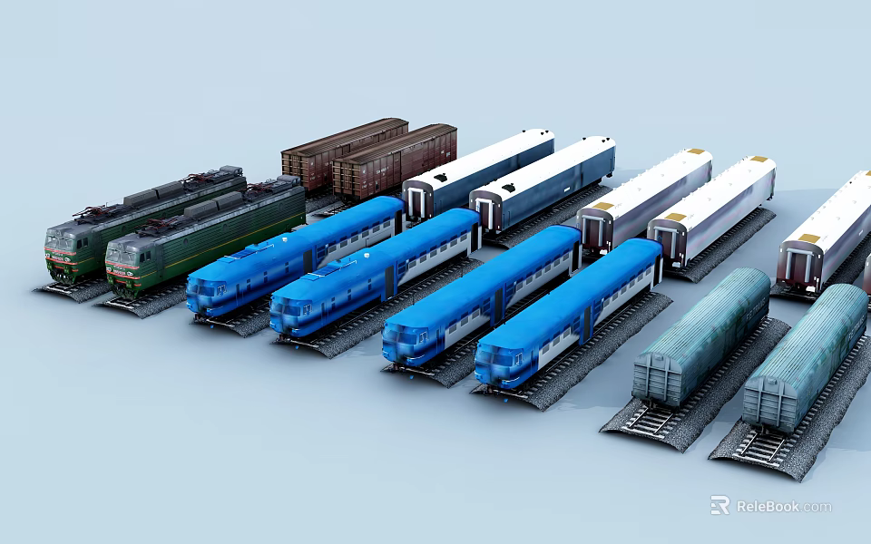 Collection of Colorful Model Trains with Various Carriages on Railway Tracks 3d model 