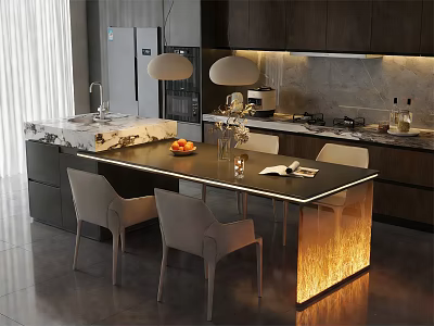 Modern Kitchen Interior With Illuminated Black Island And Dining Chairs 3d model