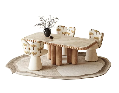 Wooden Table And Palm Tree Pattern Chairs Set With White Legs Round Rug Black Vase 3d model