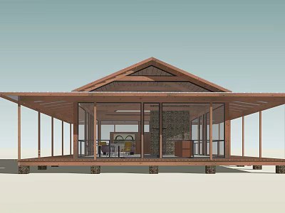 Modern Detached Villa With Wooden Structure Large Glass Windows And Gabled Roof 3d model
