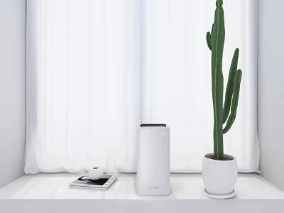 LEVOIT Air Purifier on Windowsill in White Room with Cactus Tray Cups and Mobile Phone 3d model