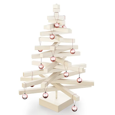 Wooden Christmas Tree Shaped Decorative Ornament Set With Pink Hanging Balls 3d model