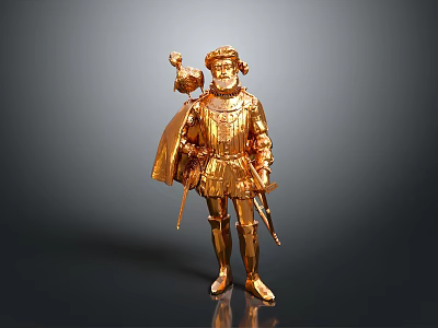 Golden Armored Man Statue With Sword Cloak And Medieval Knight Design 3d model